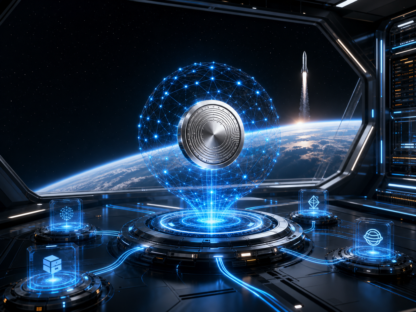 Spacecraft lab visual with a holographic AI commerce core and tokenized payment rails
