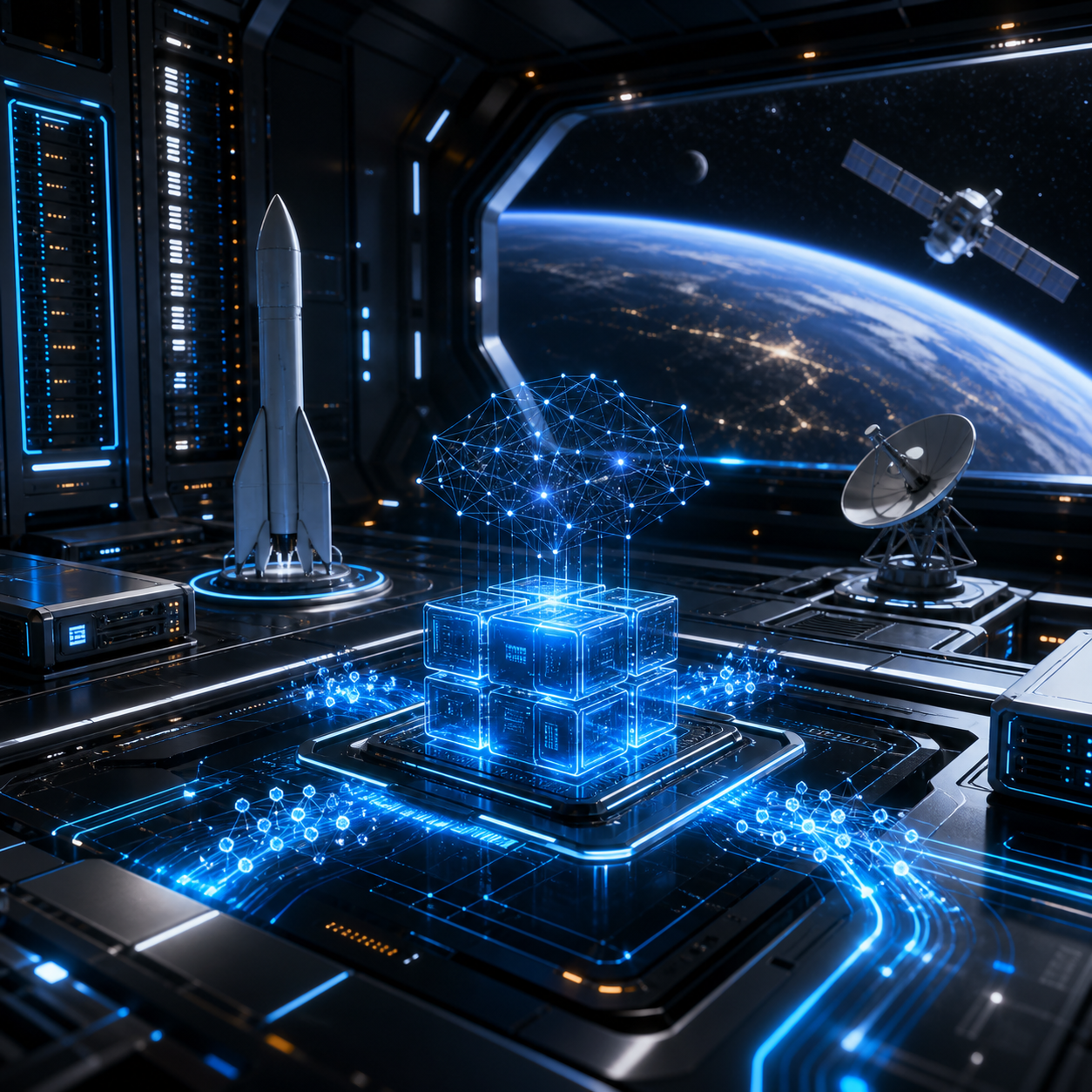 Orbital server bay representing Grokvoxus AI compute billing