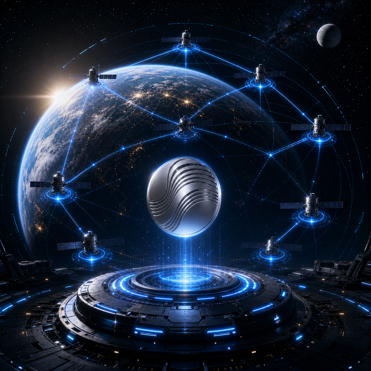 Satellite network around Earth representing Grokvoxus multi-chain settlement